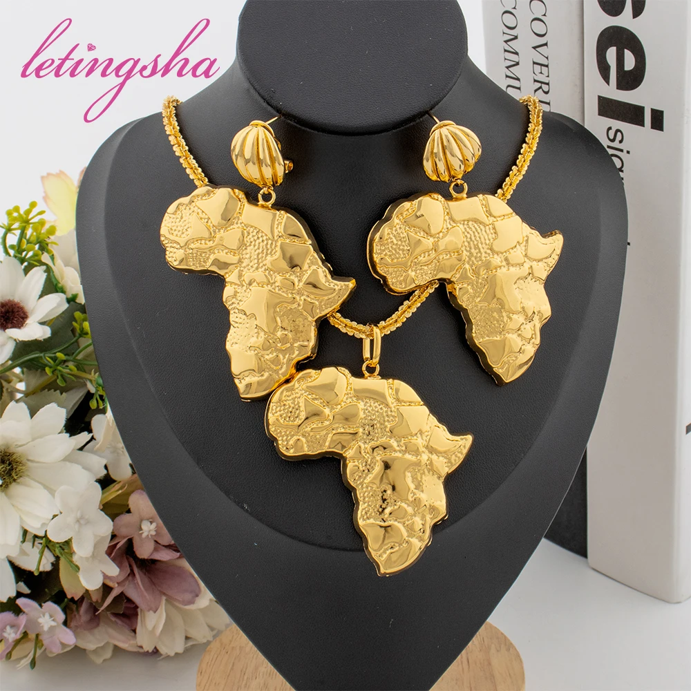 مجموعة مجوهرات مطلية بالذهب عيار 18 للنساء ، تصميم خريطة أفريقيا ، أقراط متدلية ، سوار ذهبي ، خاتم ، ملابس يومية ، هدية حفلة ، فاخرة