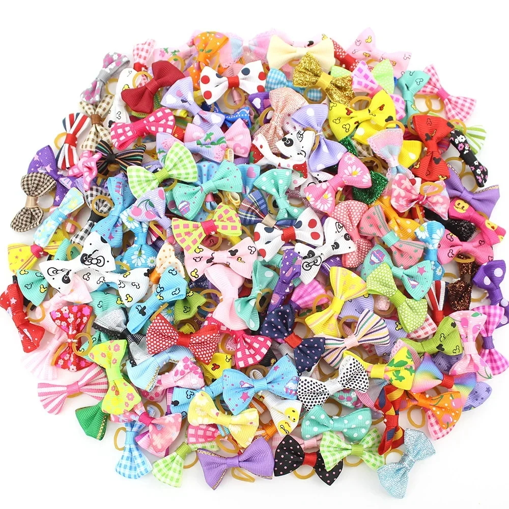 Ensemble de nœuds pour animaux de compagnie, accessoires de toilettage pour petits chiens, bandes en caoutchouc, couvre-chef pour chiot et chat, nœud imprimé, bandeau de cheveux fait à la main pour