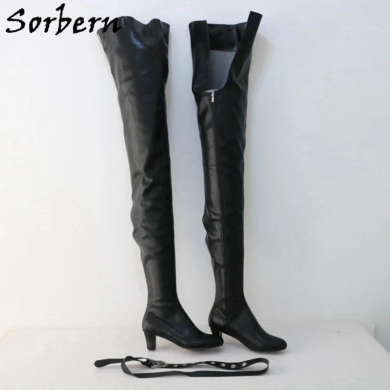 Sorbern Black Matt Boots With Belt Block Heels 6Cm Chunky Heeled 85 Cm Inside Crotch Thigh High 115 Cm Outside Long Boot