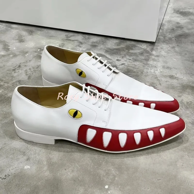 Men's Multicolor Crocodile Pattern Leather Shoe Weird Style Color Matching Point Toe Lace Up Stacked Heel Spring Summer Men Shoe