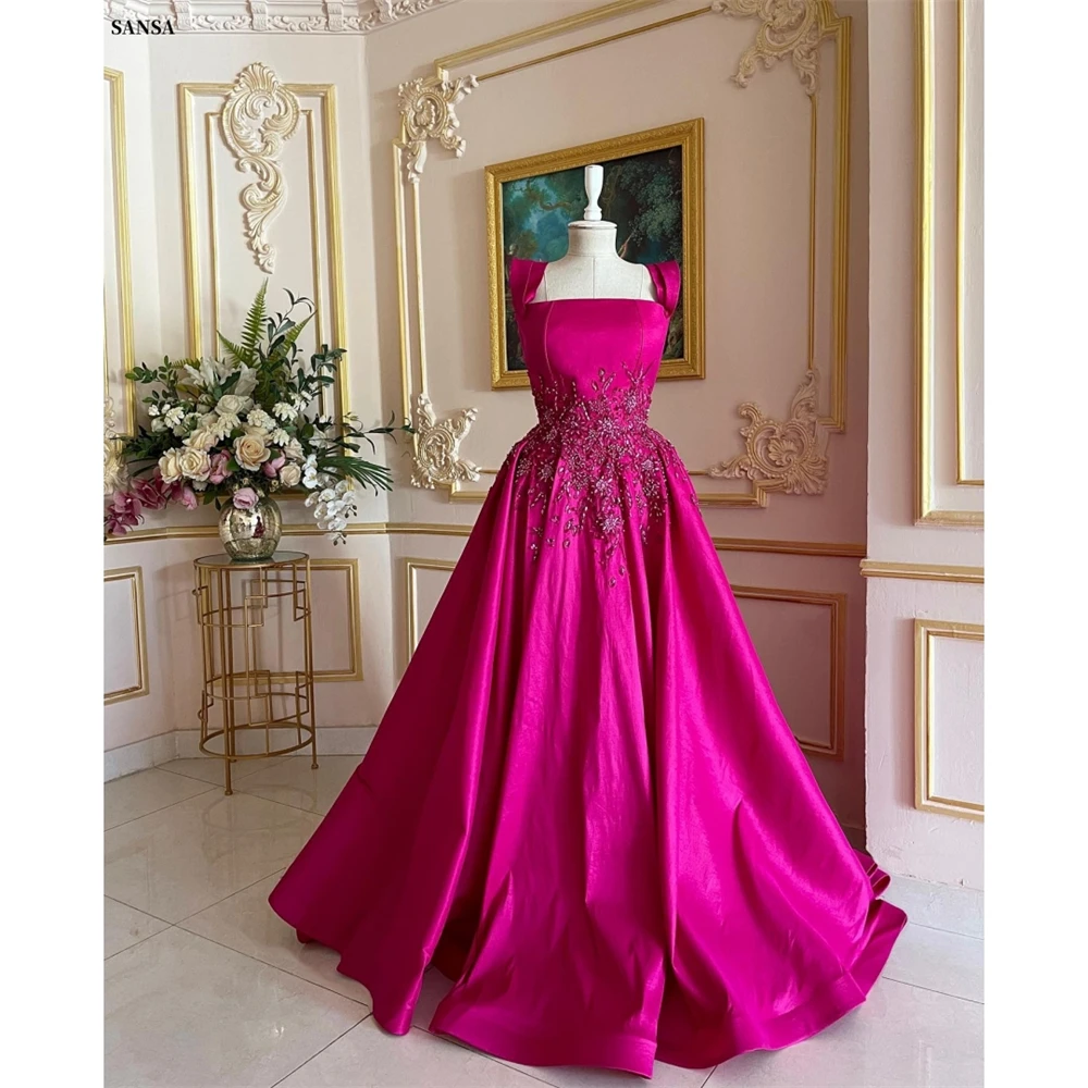 

Sansa Customized Rose Red Sequinned Appliques Boll Gown Prom Dress Square Collar Vestidos De Noche Floor-length Formal Evening
