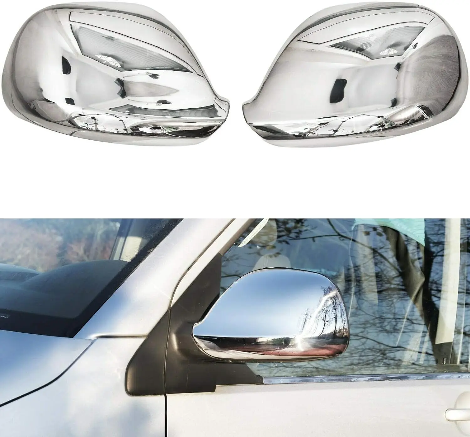 Mirror covers for VW | T5 + VW T6 + AMAROK stainless steel, exterior mirror caps, chrome mirror covers, side trims, left and right, 2 pieces, easy installation