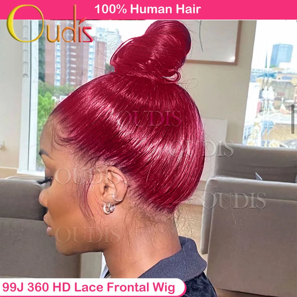 Full HD perucas de renda frontal para mulheres, osso reto, peruca sem cola, cabelo humano, vermelho Borgonha, 250 Densidade, 99J, 30 in, 360