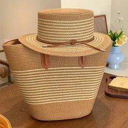 Stripe Retro Summer Sun Hat Straw Hat Visor Temperament Flat Panama Hats Women's Sea Beach Vacation Leisure Sunscreen Hat