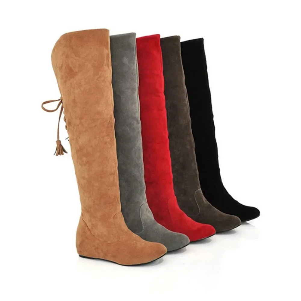 Bottes Sexy en Faux daim pour femmes, bottes plates et chaudes au dessus du genou, cuissardes hautes confortables à lacets, chaussures d'hiver de haute qualité