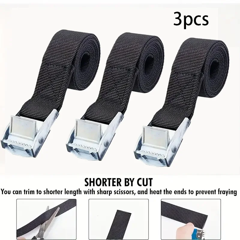 3pcs Black 1m*25mmTie Down Strap Strong Ratchet Belt Luggage Bag Cargo Lashing With Metal Buckle Heavy Duty Belt, Zinc Alloy Buc