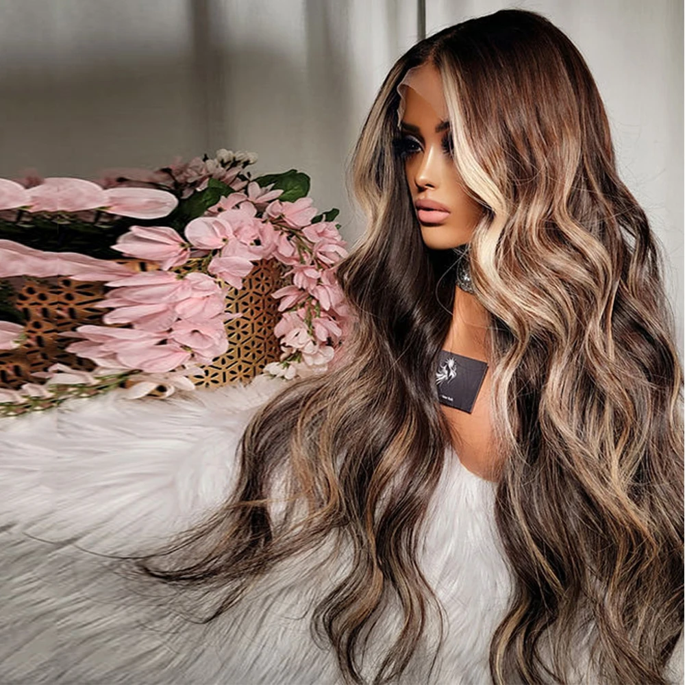 Honey Brown Blonde Long Wavy Wig 30" Ombre Brown Balayage Blonde Virgin Human Hair Full Lace Wigs Premium Hair HD Lace Front Wig image 6