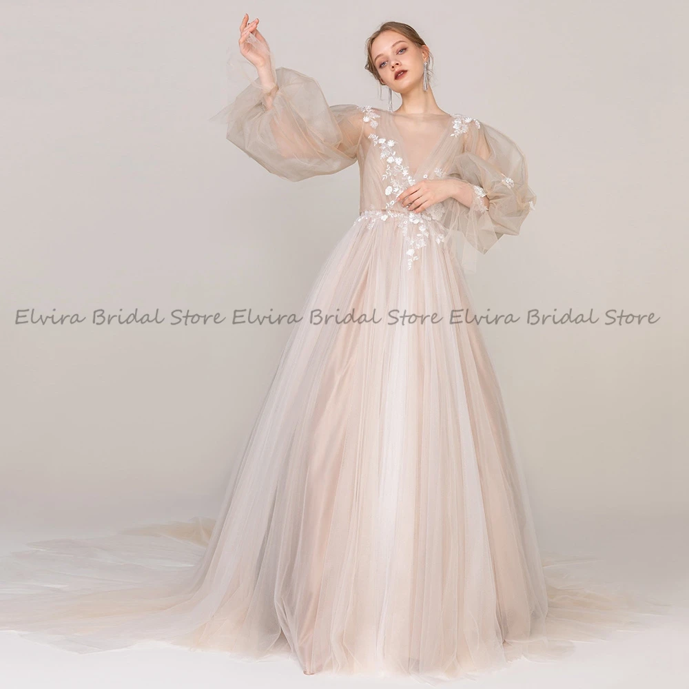 Customized Romantic 2023 A-Line Tulle Wedding Dresses with Long Sleeve Court Train Jewel Zipper Back Applique for Bridal Vestido