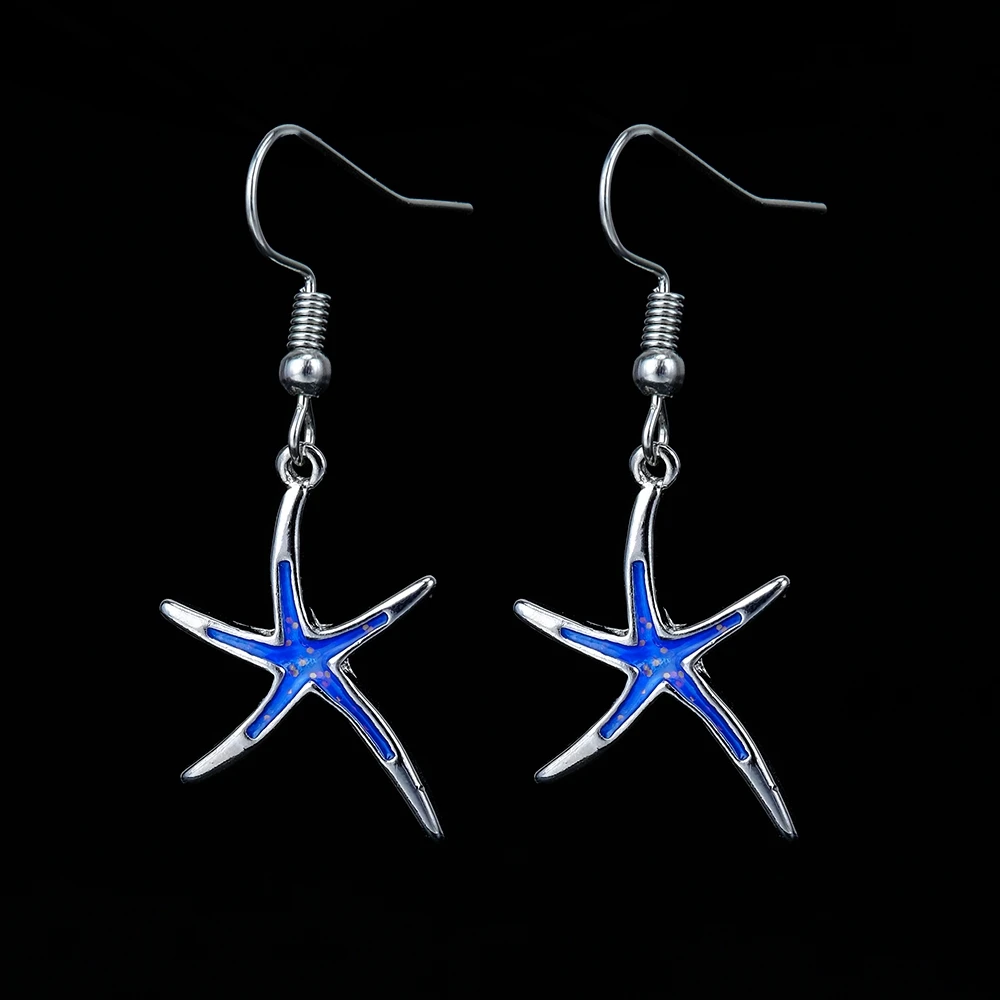 Ekopdee Cute Starfish Blue Imitation Fire Opal Drop Dangle Hook Earrings Womens Summer Beach Jewelry