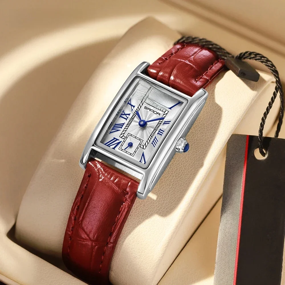 Sanda 1116 montre à Quartz pour femmes rouge blanc mode élégant Rectangle étanche pointeur en cuir affaires dames montres