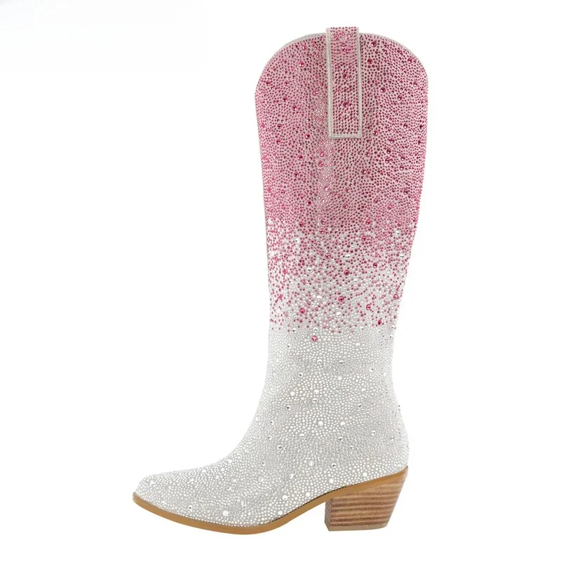 Onlymaker damskie ze spiczastym noskiem górski wysoki na kolanach Western Cowgirl buty z błyszczącym błyszczącym obcasem — zdjęcie 2