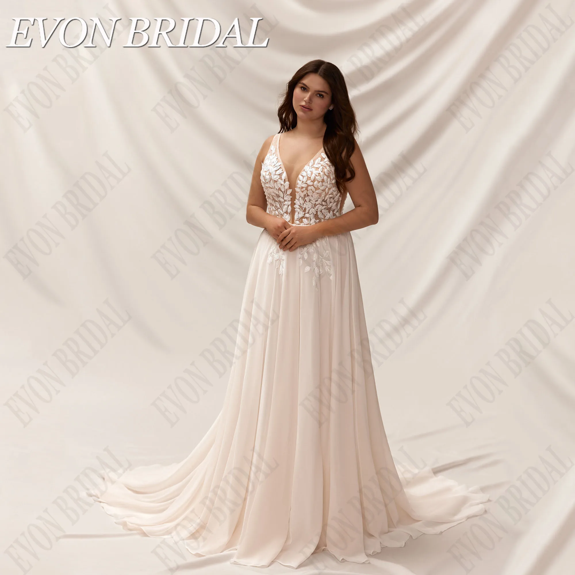 

EVON BRIDAL Chiffon Plus Size Wedding Dress Women V Neck Beading Sleeveless Vestidos De Novia Boho Bride Gowns A-Line Backless