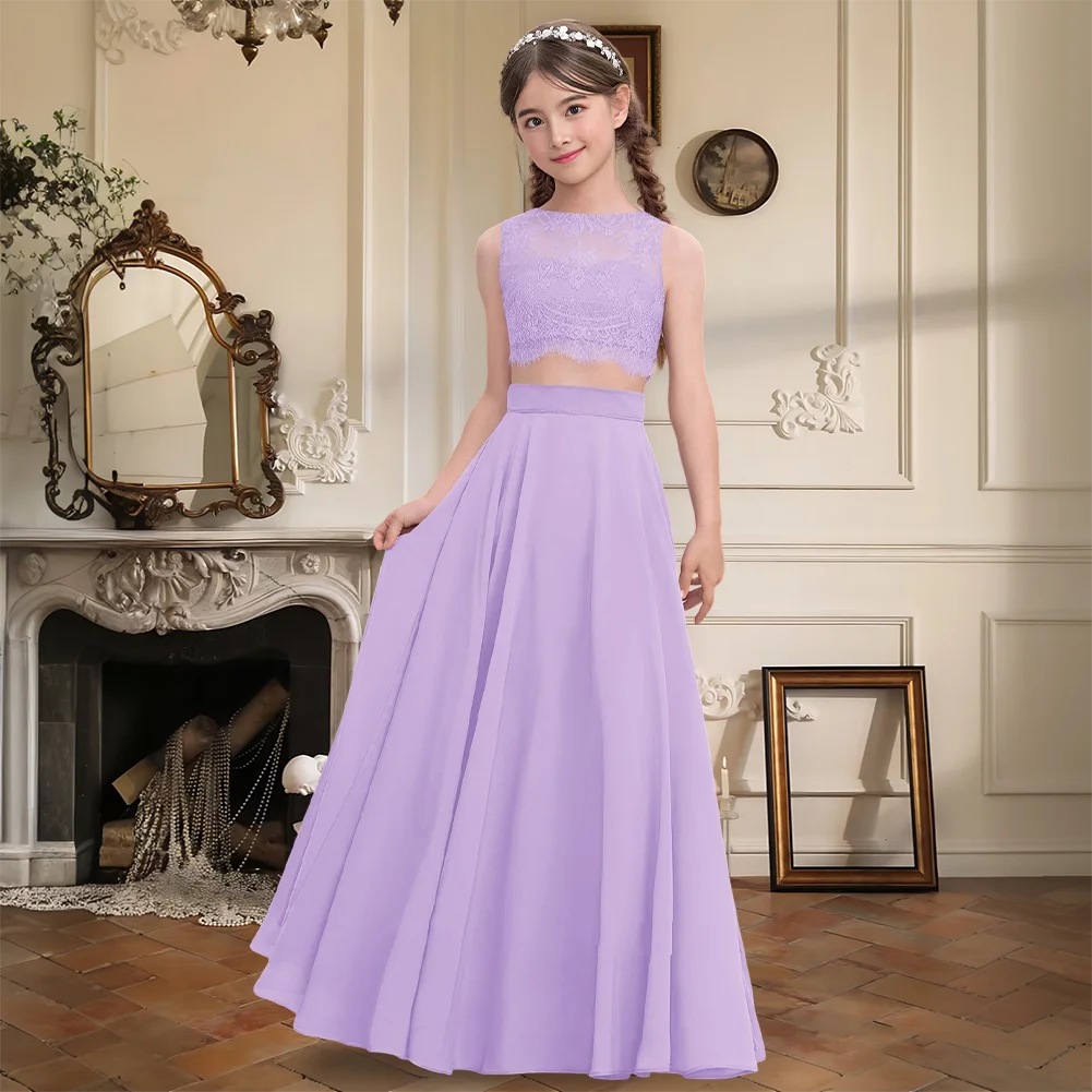 

Elegant Junior Bridesmaid Dress Chiffon Lace Scoop Floor-Length Flower Girl Gown A Line Wideband Crop Top Girls Formal Wedding