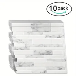 10pcs Self Adhesive Oblong 3D Wall Stickers Oil-proof Waterproof Vinyl Wallpaper Marble Tile Stickers for Kitchen Bathroom Home