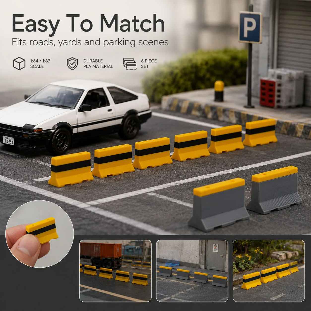 1:64 1:87 Mini-Zement-Straßenbarrieren 6-teiliges Set, Stadtstraßen-Parkplatz-Bau-Diorama-Zubehör für Modellautos und Zug-Layouts – Detail 4