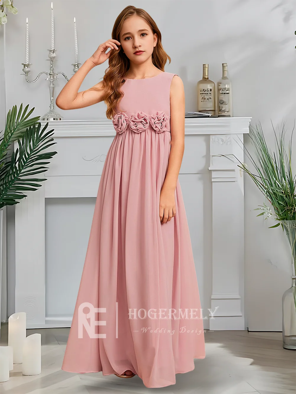 Роскошное платье подружки невесты с круглым вырезом, платье для девочек-цветочниц, шифоновое платье трапециевидной формы длиной до пола, садовое гала-свадьба