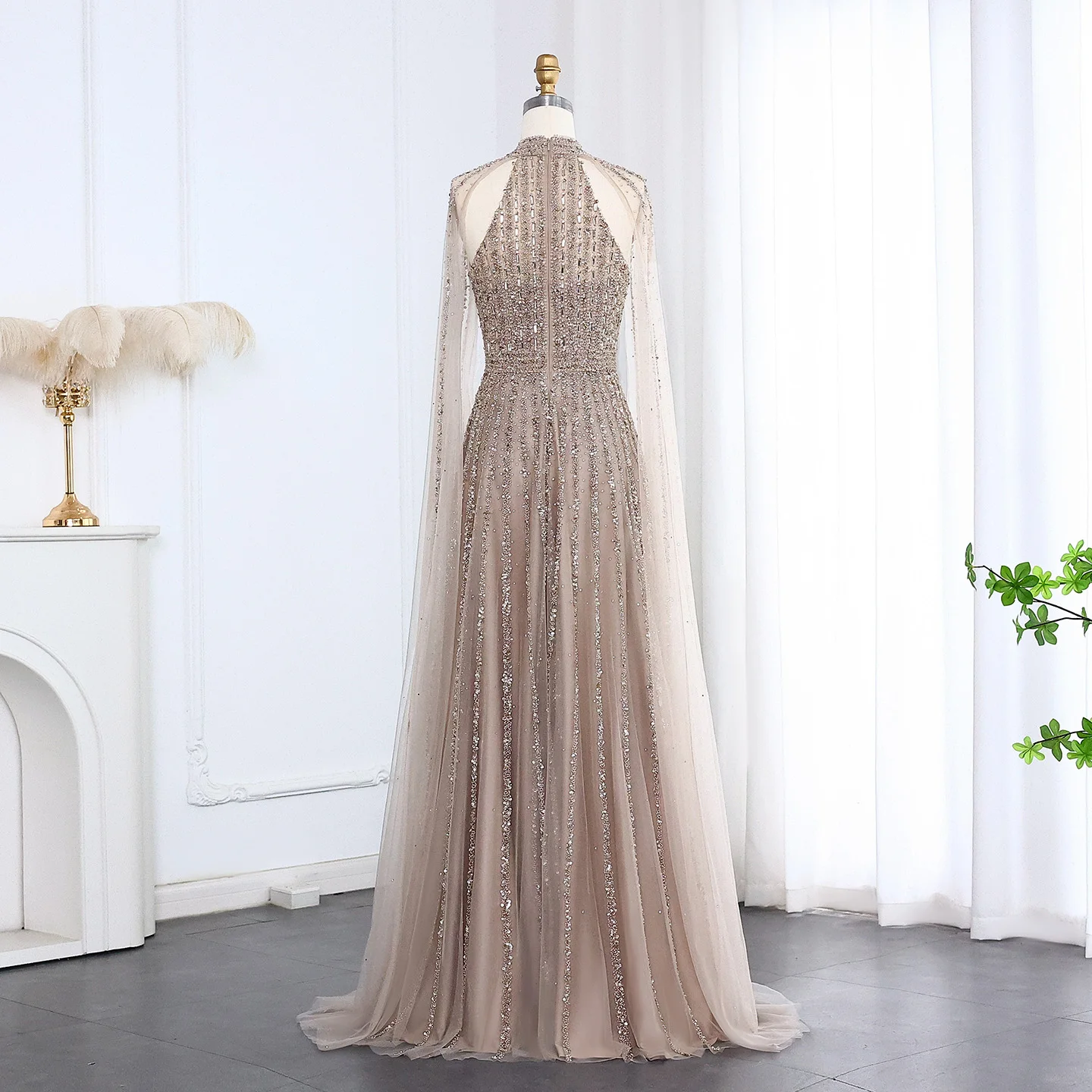 Sharon Said Arabisches Türkisfarbenes Luxus-Abendkleid aus Dubai mit Cape-Ärmeln 2026 Karamell für Damen Hochzeitsfeier SS085 Maßanfertigung – Detail 12