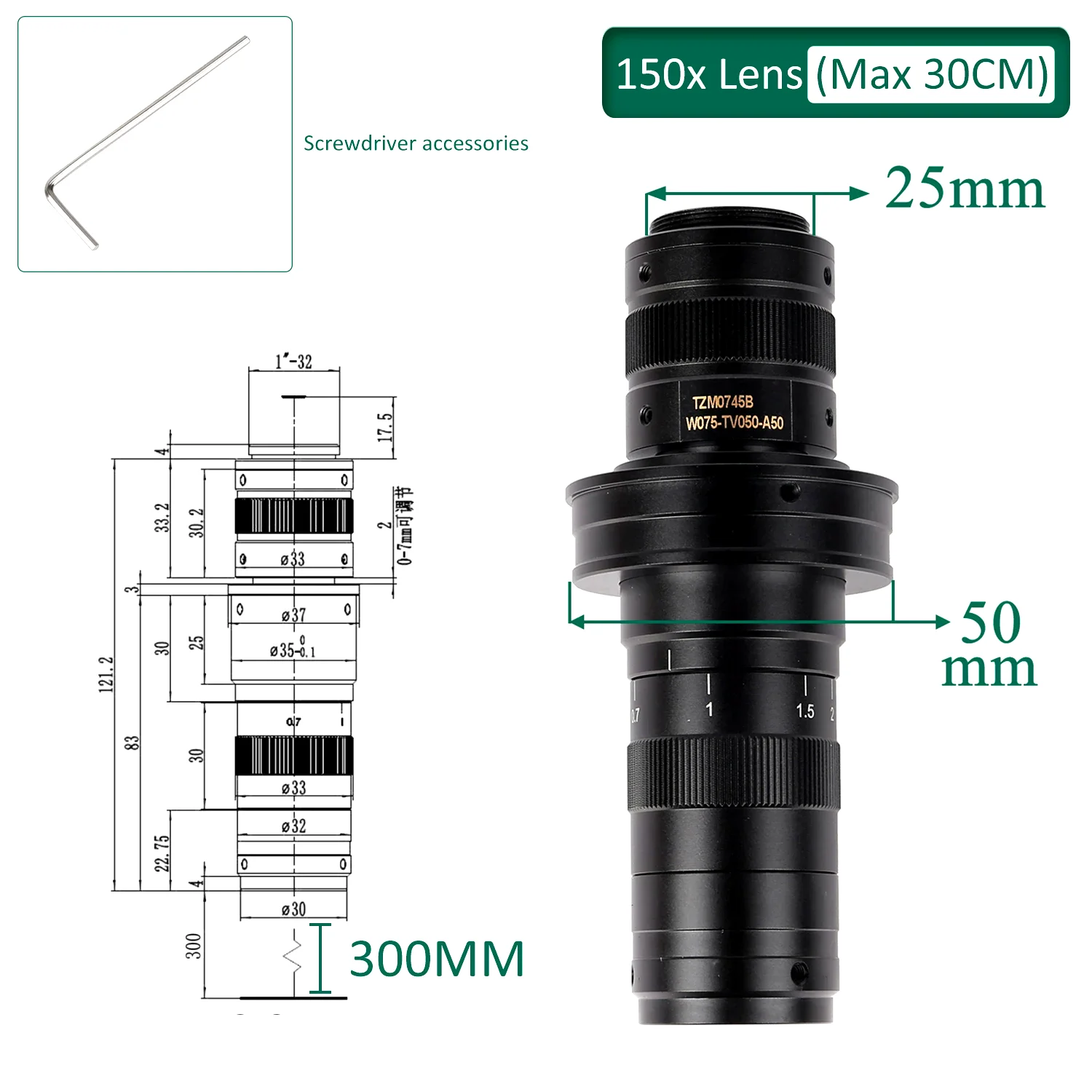 

Microscope Lens 150x Adjustable Magnification 0.7X-4.5X Optical Zoom Lens Zoom C Mount Lens For HDMI VGA USB Video Microscope