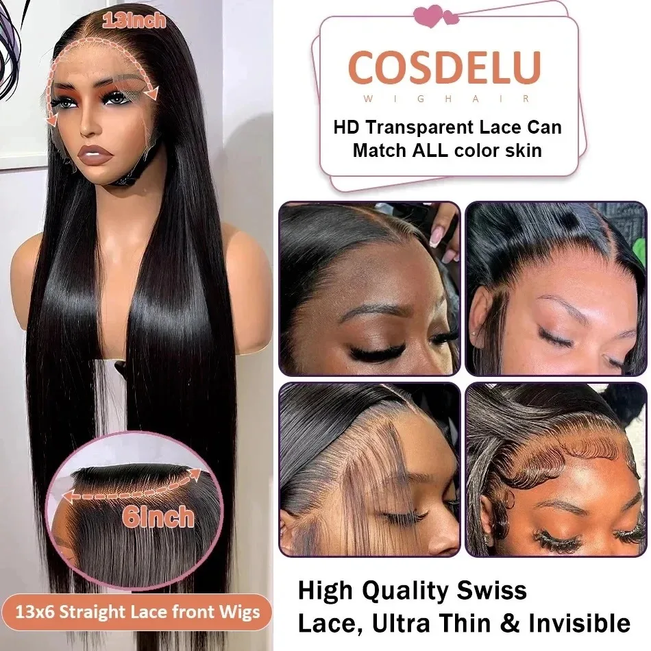 YKB HD 13x6 Lace Frontal Wigs Human Hair Bone Straight Transparent Lace Front Wigs 30 40 Inch For Women 250 Density Pre Plucked