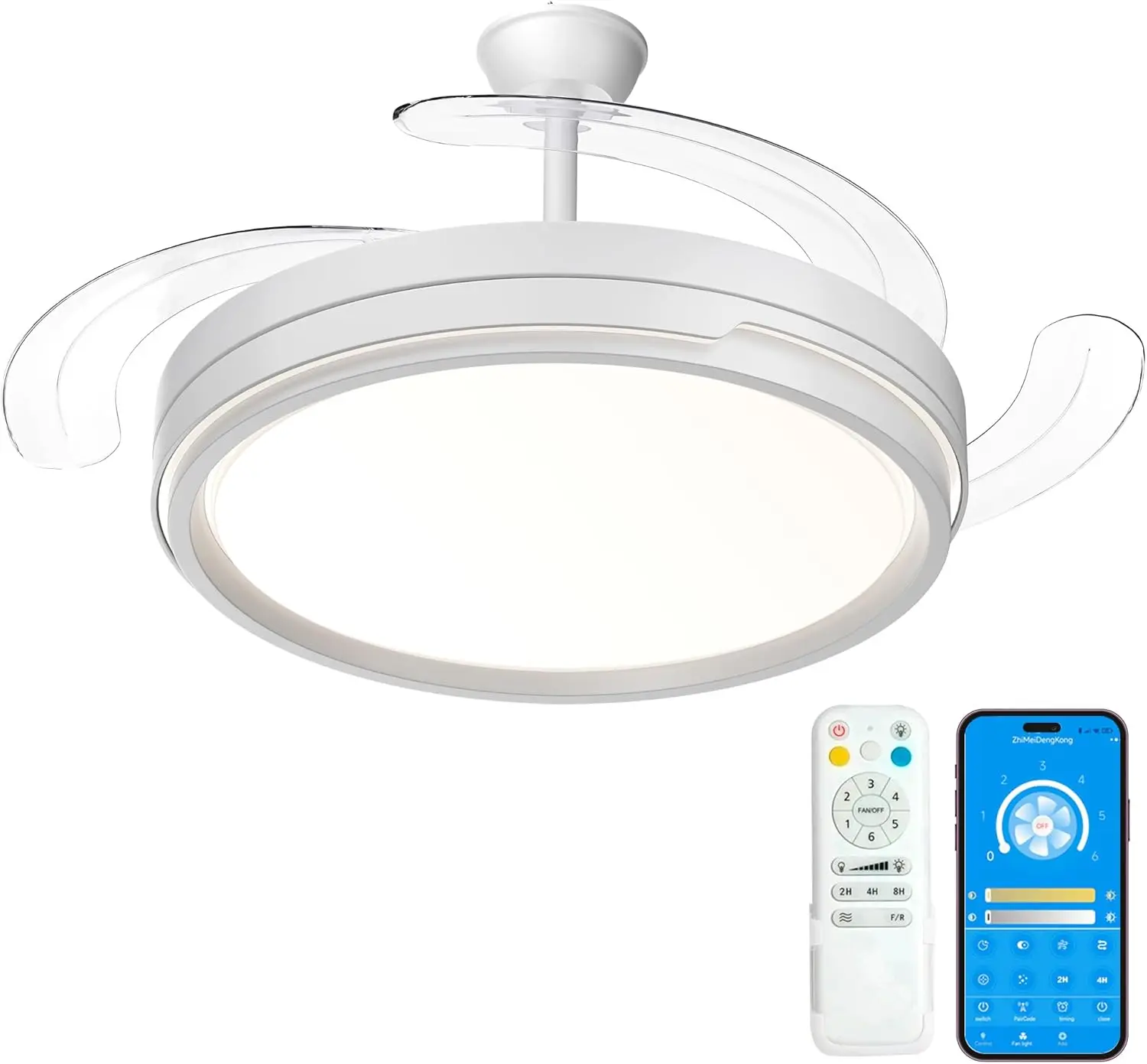 Ventilador techo con luz 66W con Mando a Distancia + App | Ventilador Invisible Ultra Silencioso y Palas Retráctiles Interiores Plafón lluminación función verano-invierno