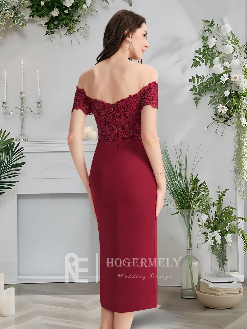 

B Burgundy Cocktail Dresses For Women Sheath Column Off Shoulder Chiffon Lace Prom Dress Tea-Length Wedding Guest Dress