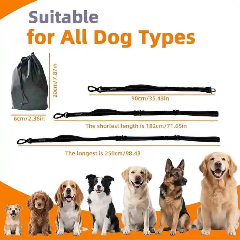 dog leash for medium to large breeds, 6-in-1 multifunctional design. Features a car safety tether, waist-mounted leash, and ultr