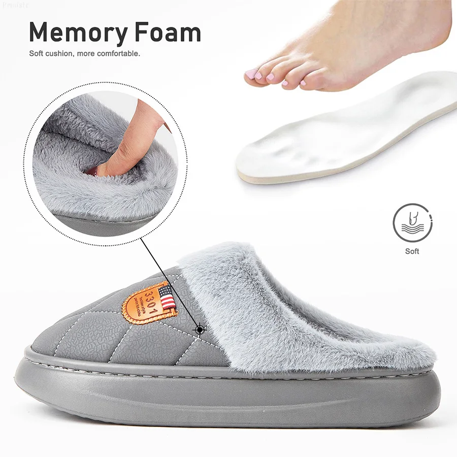 Men House Slippers Eva Platform Memory Foam Plaid Warm Indoor Shoes Soft Non-slip Winter Plush Bedroom Slippers Furry Luxury