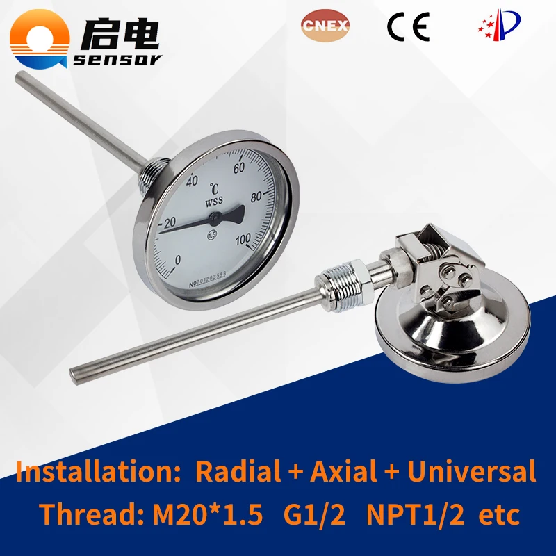 Bimetallic Thermometer 1.5 % 0-100℃ 0-200℃ Radial Axial Universal Bimetal Thermometer G1/4 M27*2 PT100 Temperature Thermometer