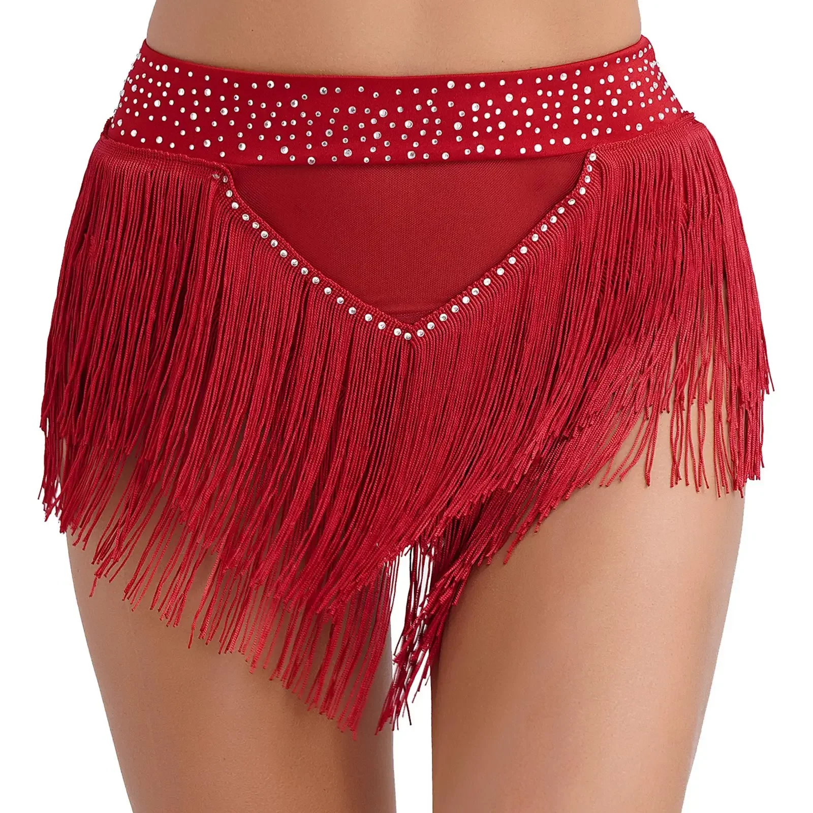 Womens Tassel Belly Dance Shorts Skirts Samba Fringe Latin Rumba Samba Tango Dancewear Shiny Rhinestone See Through Mesh Bottoms — zdjęcie 2