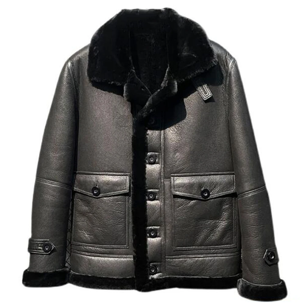 Denny&Dora Mens Shearling Jacket - Shearling Lapel Biker Jacket, Black Color