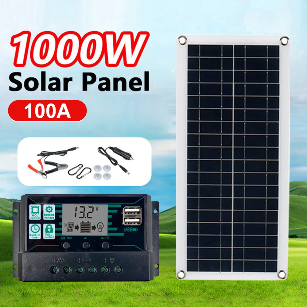 1000W Solar Panel 12V Solar Cell 100A Controller Solar Panel For Phone RV Car Mp3 PAD Charger Outdoor Battery Supply