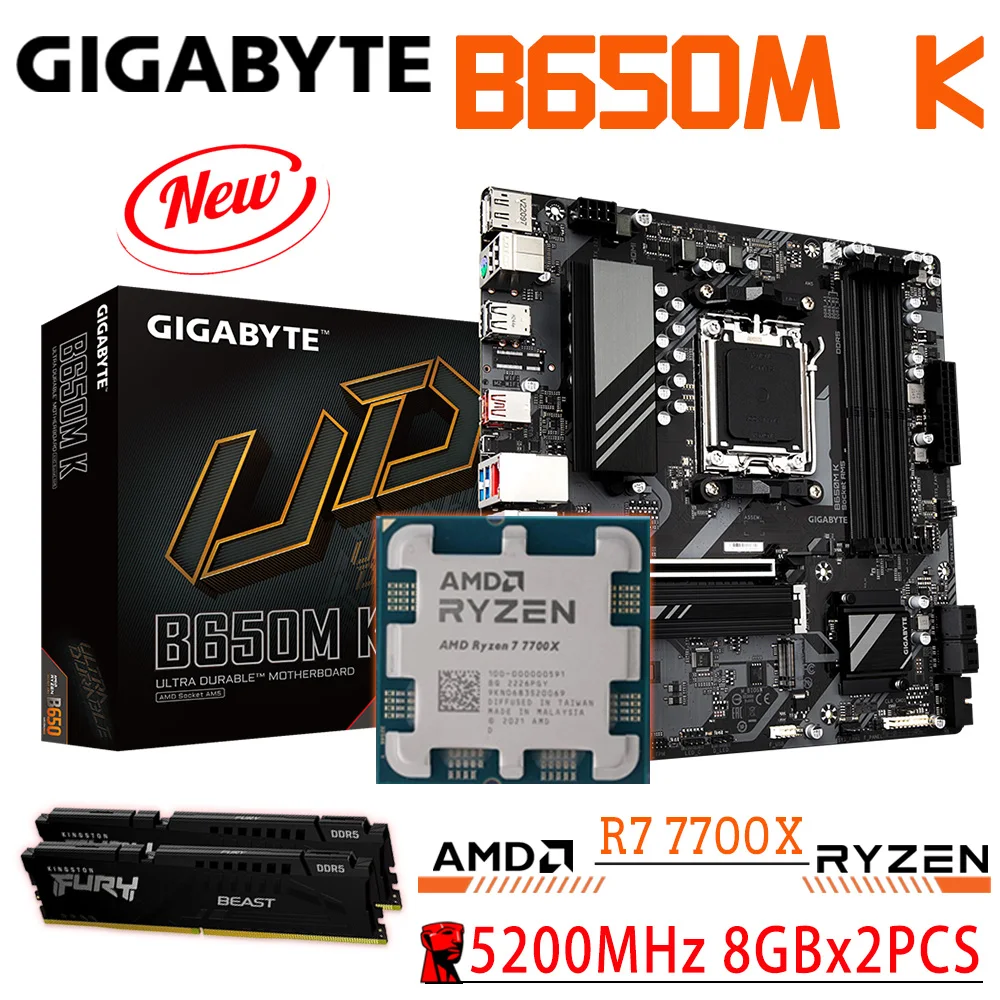 

AMD RYZEN 7 7700X Processor GIGABYTE B650M K AM5 DDR5 128GB PCI-E 4.0 Motherboard Kingston Beast RAM 5200MHz 8GBx2PCS Combo