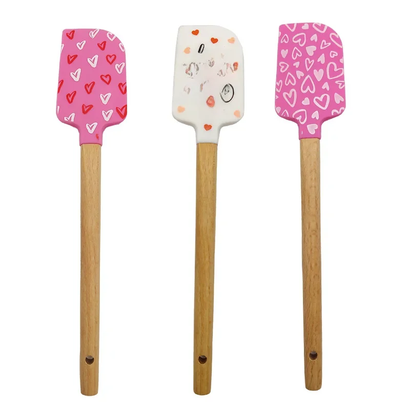 Spatule en Silicone pour crème à gâteau, motif cœur, manche en bois, mélangeur de beurre et de pâtisserie, grattoir de cuisine, pâte à chocolat, mélangeur de cuisson
