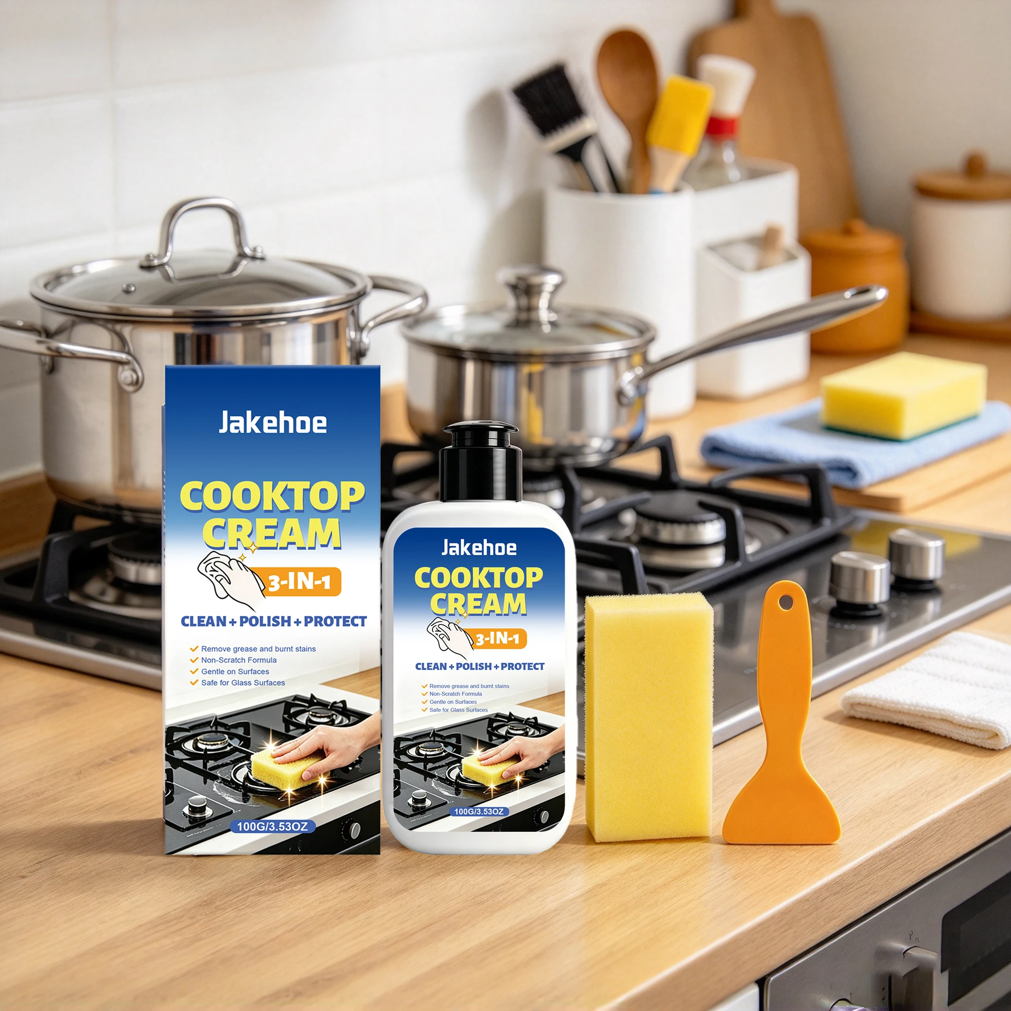 100G Cooktop Cleaner Agents Daily Dissolve Stubborn Oil Stain Remove Food Residues Restoring Gloss Degreasing & Descaling Protect Oven Cleaner