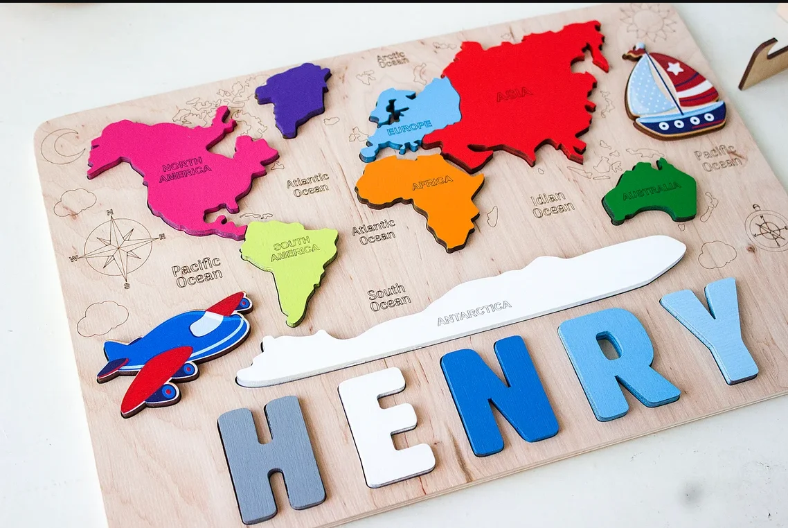 Wooden World Map Baby Name Puzzle Birthday Gift Children Toy Personalized Toddler Name Puzzle Kids Wood Puzzle Montessori Toys