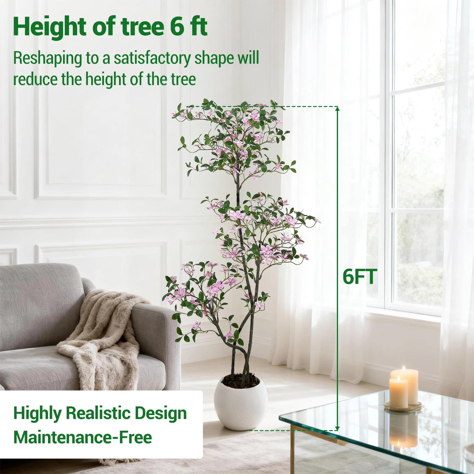 Arbre artificiel parfumé de 1,2 à 1,8 m, arbre artificiel ultra-réaliste à fleurs roses avec feuilles résistantes aux UV pour la maison, le bureau, le salon, les mariages
