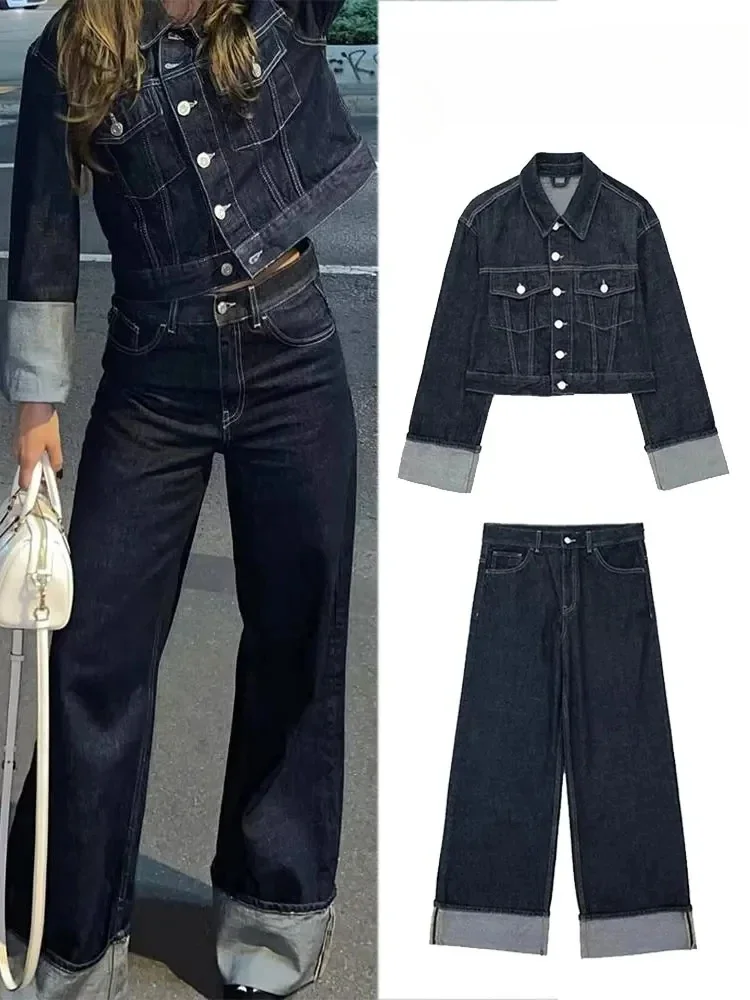 Damesmode pak Retro gesplitst Single-breasted zak denim jack + hoge taille dames broek met wijde pijpen en ritssluiting 2-delige set - afbeelding 2