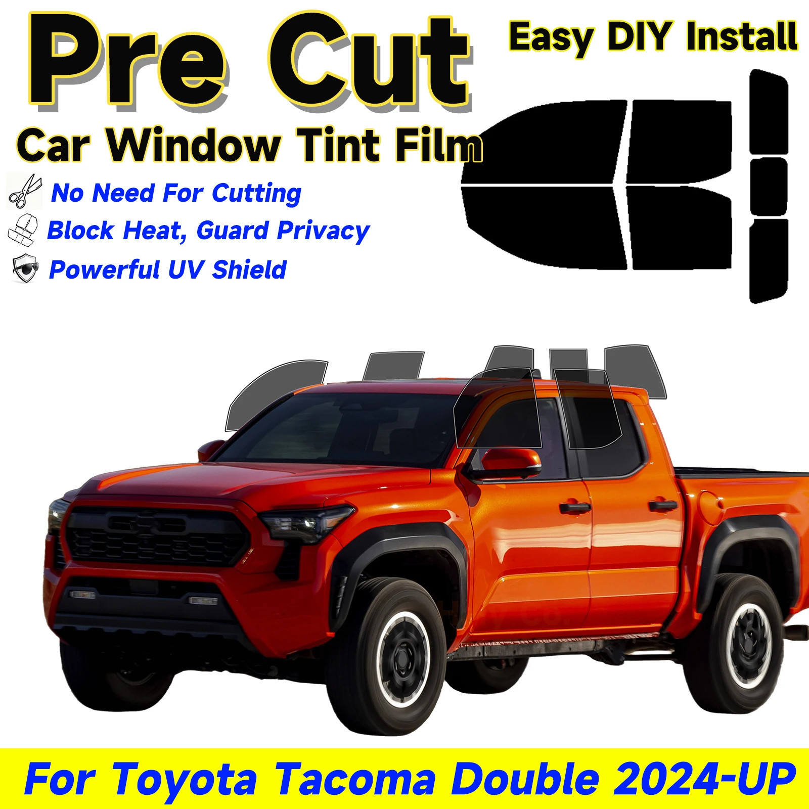 Precut Window Tint Car for Toyota Tacoma Double 2024-2026 Sun Uv Blocking Heat & Glare 2Ply Window Protector Privacy Films Shade