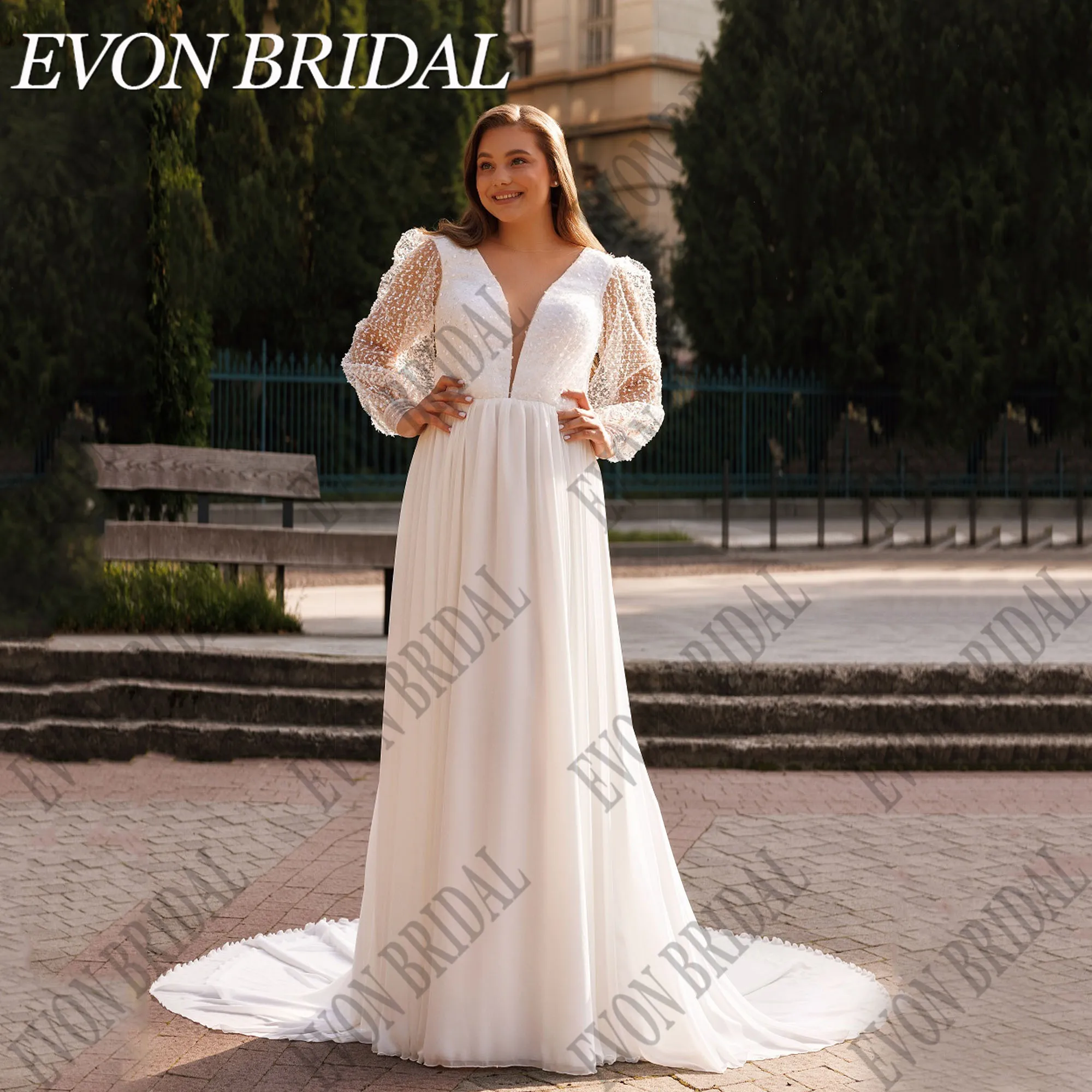 Evon Braut plus Größe Pailletten Brautkleid Puff ärmel rücken frei Chiffon Boho Braut Kleider A-Linie Vestidos de Novia angepasstEVON BRIDAL Plus Größe Pailletten Brautkleid Puff Ärmel Rückenlos Chiffon Boho Brautkleid