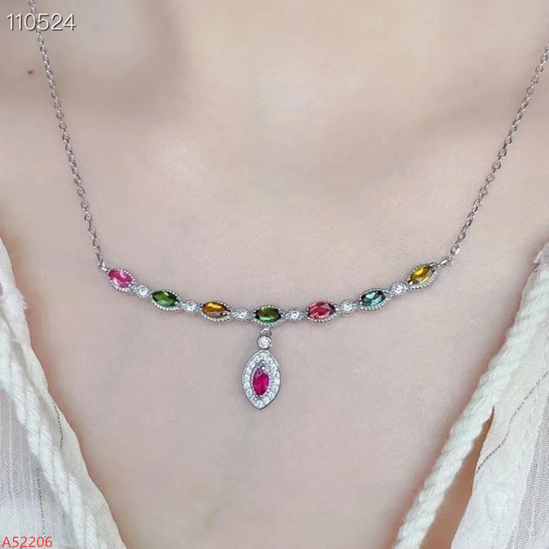 

Fine Jewelry 100% 925 Sterling Silver Natural Tourmaline Gemstone Ladies Necklace Clavicle Chain Party Birthday Gift Marry Girl