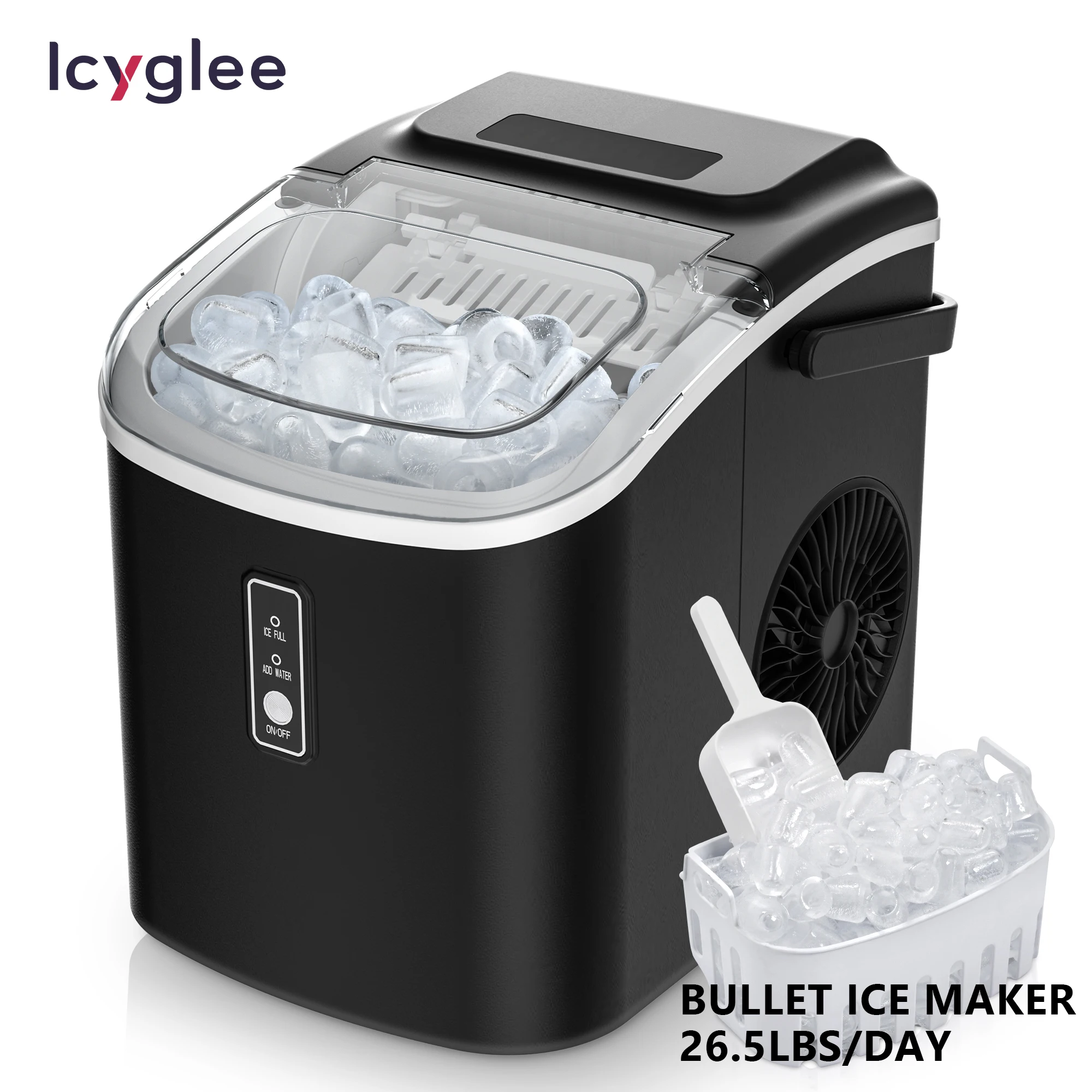 ICYGLEE Portable Ice Machine 9 Cubes in 6 Mins Ice Maker Machine 26.5lbs/Day Auto-Cleaning Countertop for Home Kitchen Camping