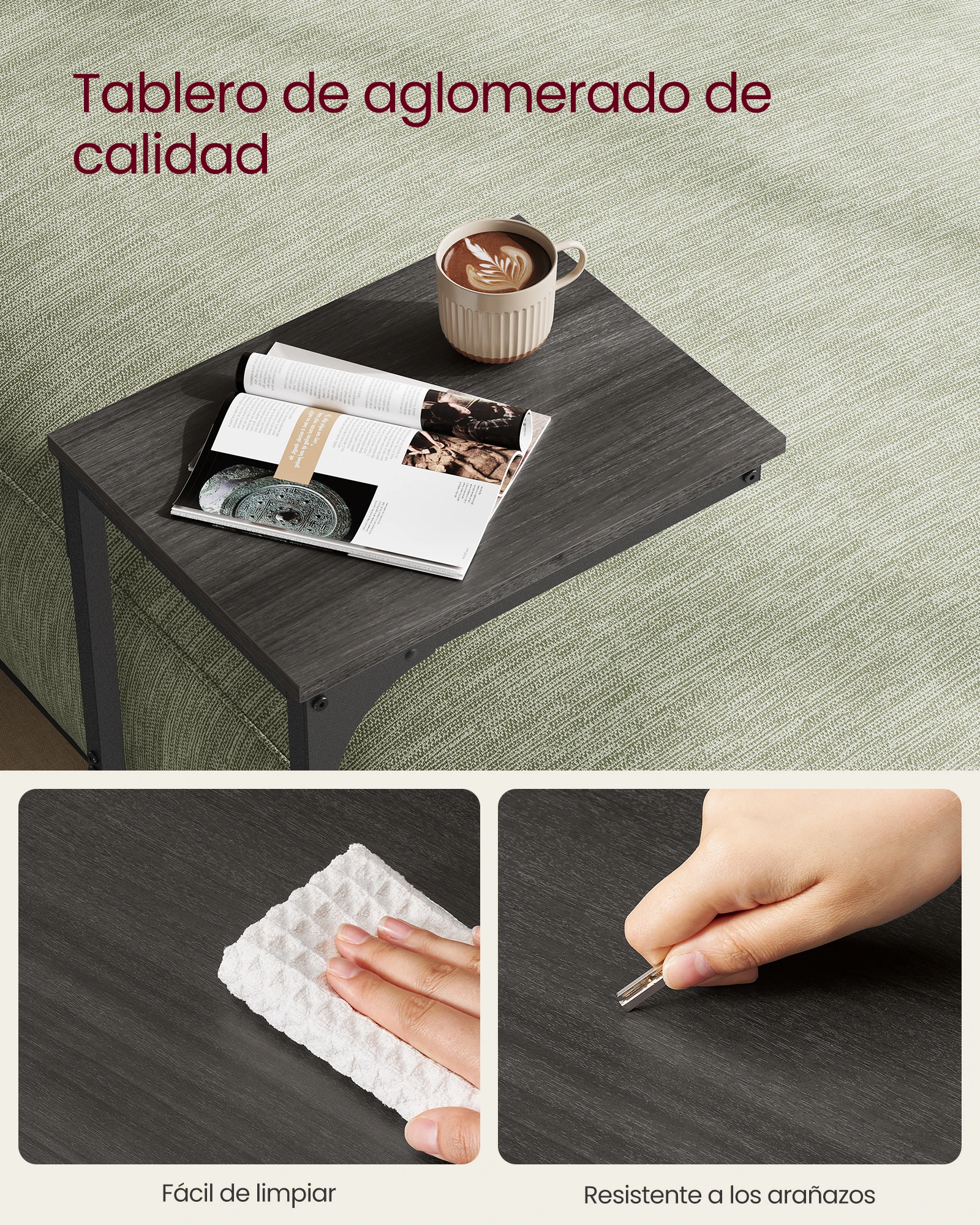 طاولة أريكة على شكل حرف C، طاولة جانبية، طراز صناعي بإطار معدني، لغرفة المعيشة وغرفة النوم والبلوط والأسود #4