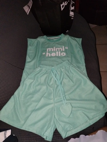 New 4 -14 Years Summer Girls Clothing Set Letter Print Sleeveless T-shirt + Heart Shorts Pants 2pcs Suit Kids Leisure Outfit photo review