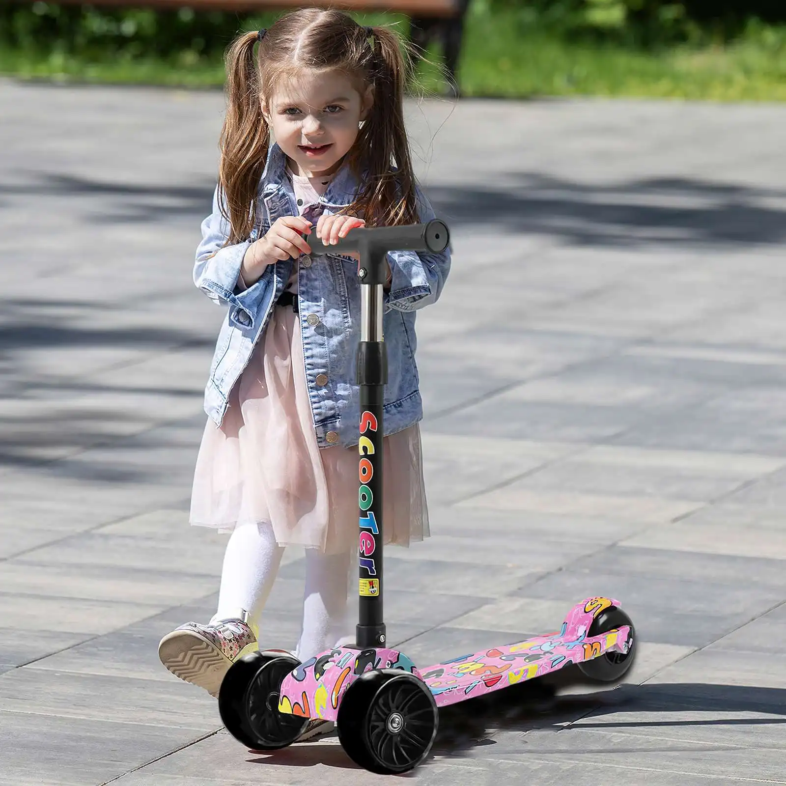 Foldable Children Scooter 3 Wheel Scooter With Graffiti Flash Wheels Kick Scooter For 2-6 Year Kids Adjustable Height 50kg