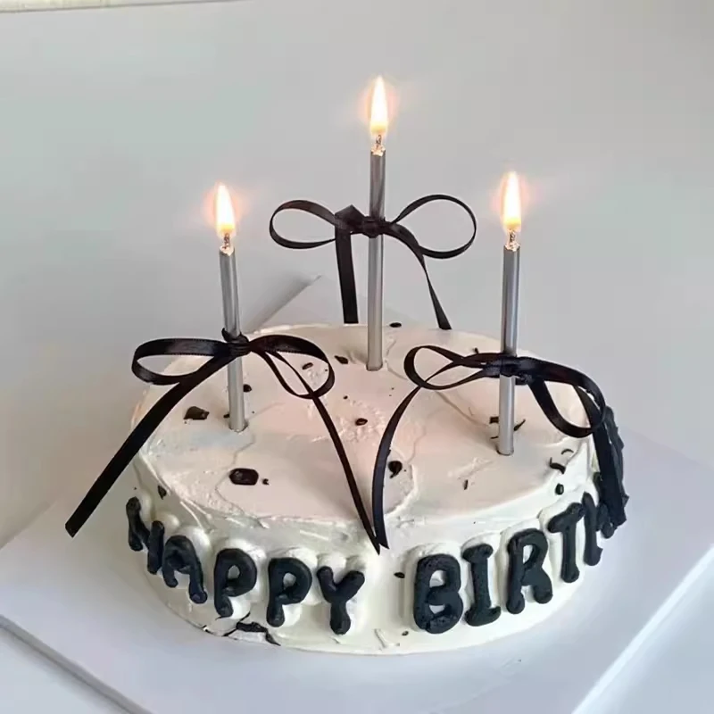 Birthday Candle Birthday Baking Cake Decorated With Black Bow Ribbon Straight Pencil Candle Dessert Table Decoration