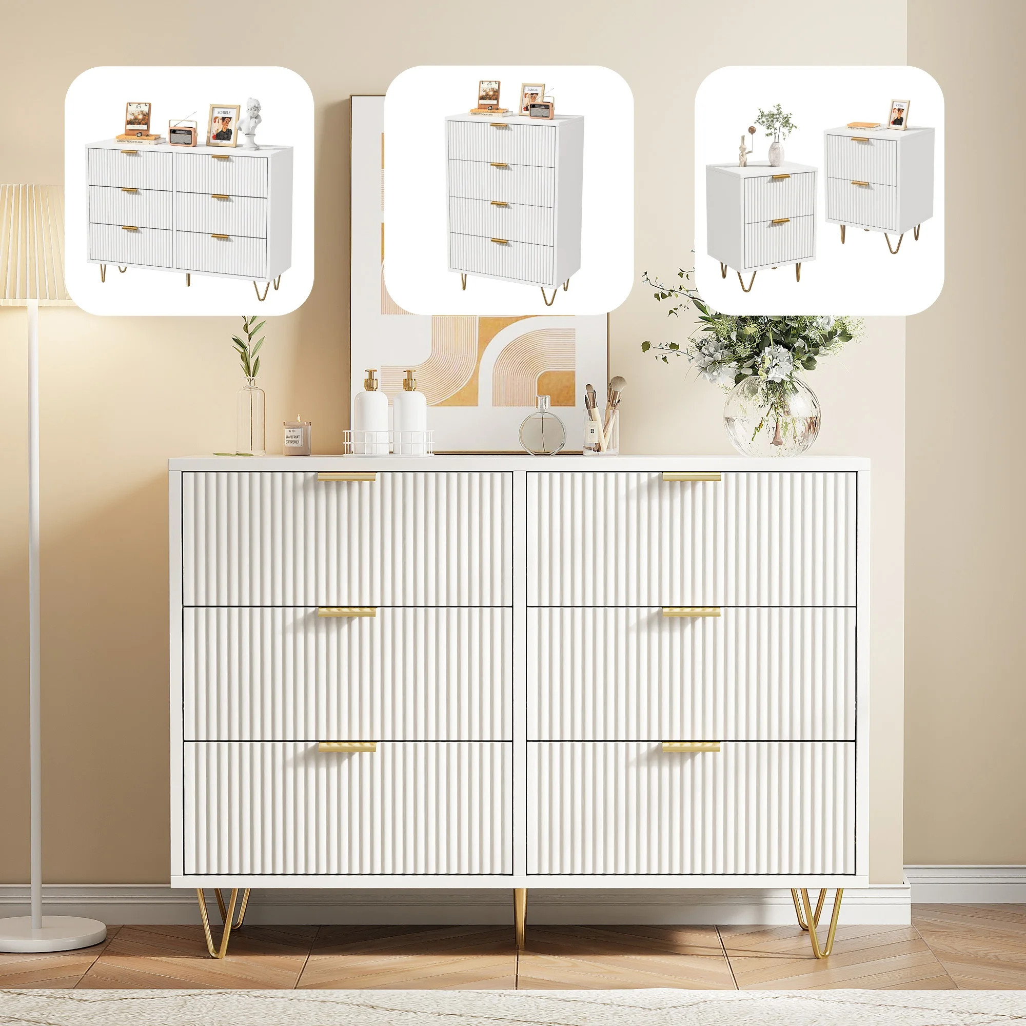 Anajqaqia Commode moderne, armoire de rangement avec tiroirs et poignées dorées, pour salon et chambre à coucher, blanc
