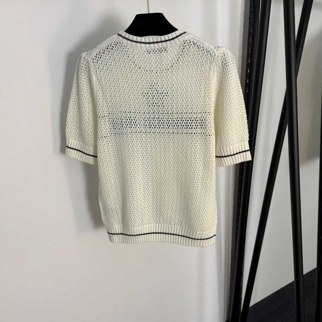 

Women's White Knitted Tee with Star Detail, Stylish Mesh Design for Casual & Chic Looks