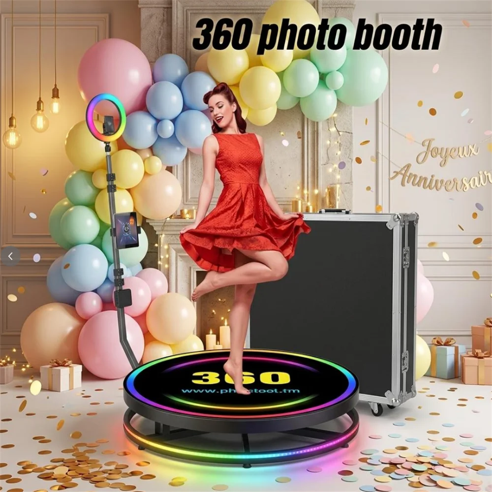 Hochzeitsfeier 360-Grad-Metallplattform-Fotobox. Automatische Rotationskamera für Slow-Motion-Videobooths
