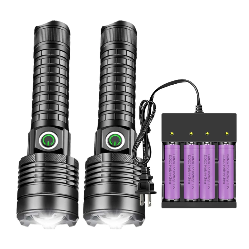 Skyewolfeye Wall Plug Rechargeable LED Tactical Flashlight Set High Lumen XHP60 Zoomable Torch for Fishing Caving