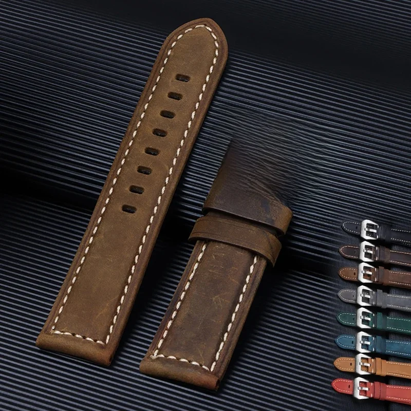 Bracelet de montre en cuir véritable, 20mm 22mm 24mm 26mm, noir, bleu, marron, Vintage, mat, pour femmes et hommes